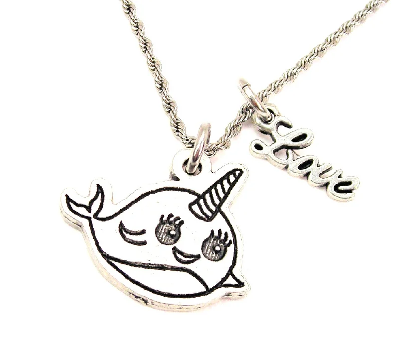 women's necklaces with turquoise stone -Baby Narwhal 20" Chain Necklace With Cursive Love Accent