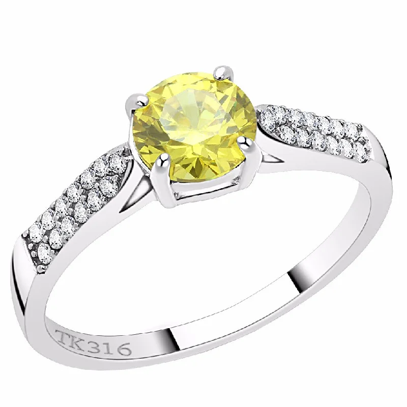 women's rings gemstone halo -6x6mm Round Citrine CZ Center Stainless Steel Delicate Ring