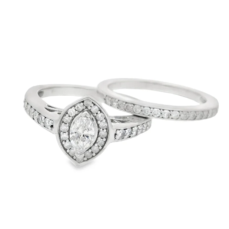 engagement rings with double band -Marquise Channel Set Halo White Gold Wedding Set