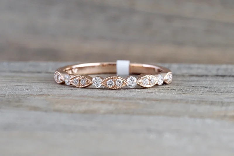 engagement rings vintage -14k Rose Gold Diamond Vintage Milgrain Bezel Band Ring Wedding