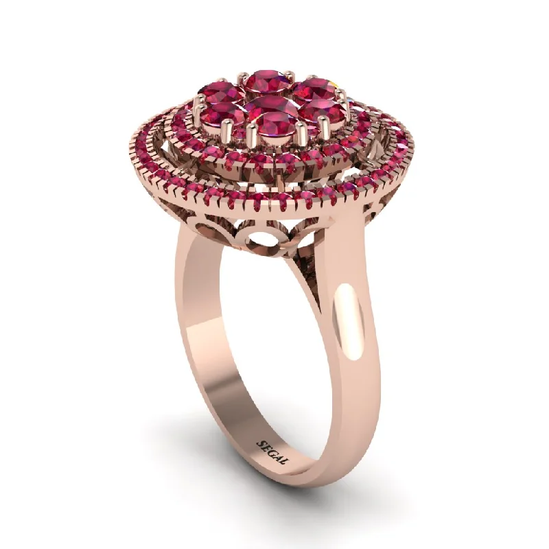 women's rings with pave diamonds -Vintage Double Halo Ruby Cluster Ring - Nanette No. 56