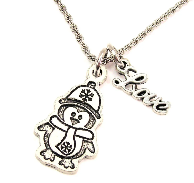 women's necklaces ruby -Bundled Up Penguin 20" Chain Necklace With Cursive Love Accent