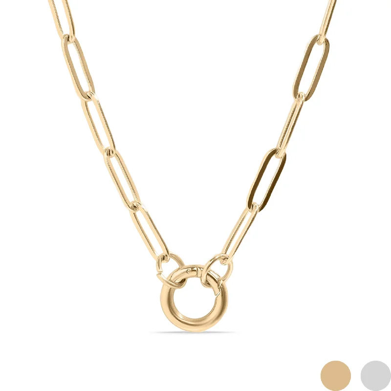 women's necklaces with teardrop design -18K Gold PVD Stainless Steel Paperclip Charm Keeper Necklace / CHN9951