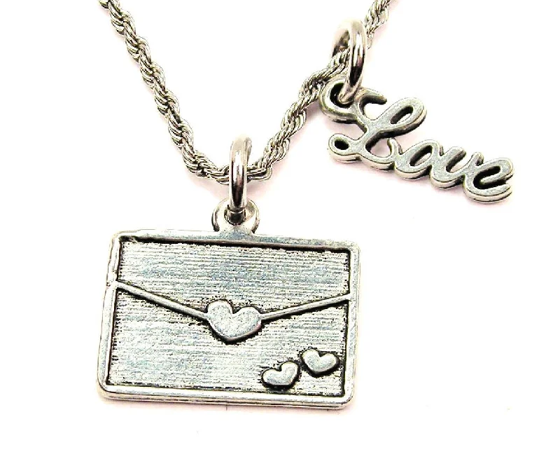 women's necklaces with geometric design -Envelope With Hearts 20" Chain Necklace With Cursive Love Accent