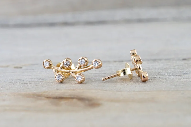 women's earrings with teardrop diamonds -14k Rose Gold Diamond Leaf Style Stud Earring Post Micro Milgrain Etching