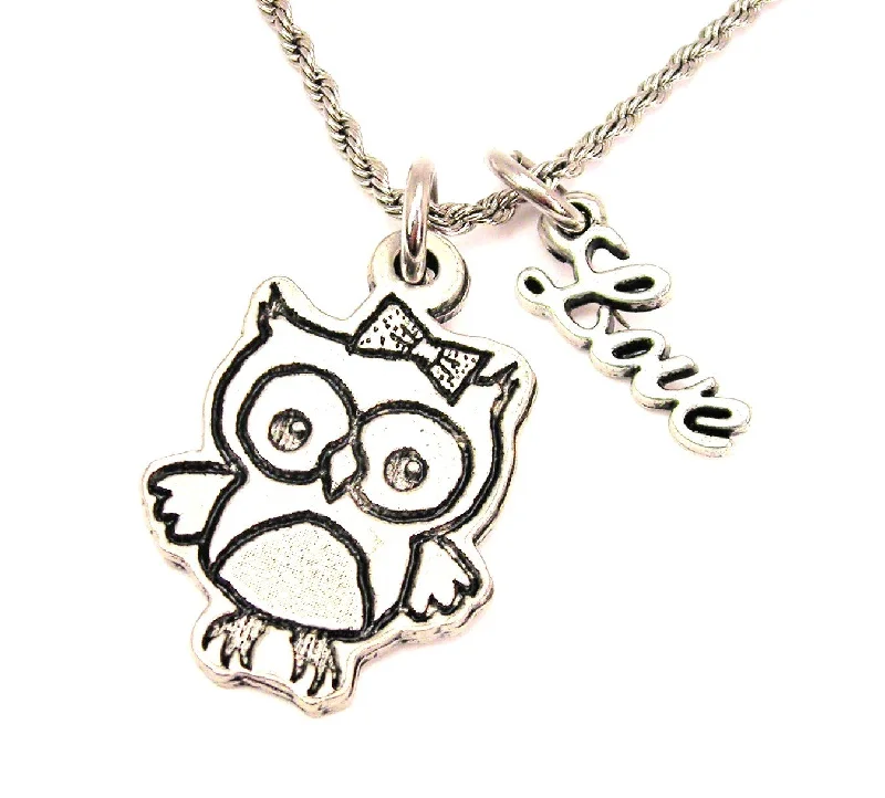 women's necklaces with emerald pendant -Cute Owl With Bow 20" Chain Necklace With Cursive Love Accent