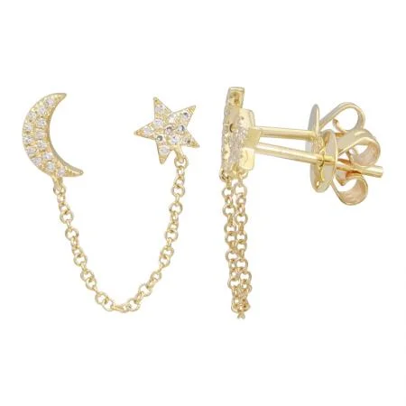 women's earrings for layering -14k Yellow Gold Diamond Moons And Star Double Stud Earrings