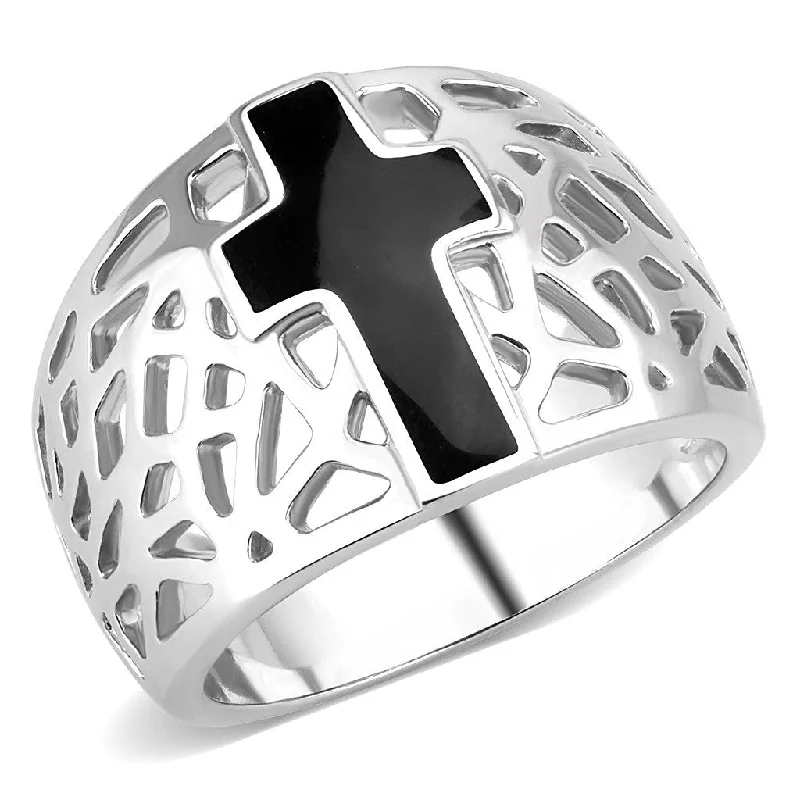 women's rings trendy -Black Christian Holy Cross Womens 316 Stainless Steel Wide Band Religious Ring