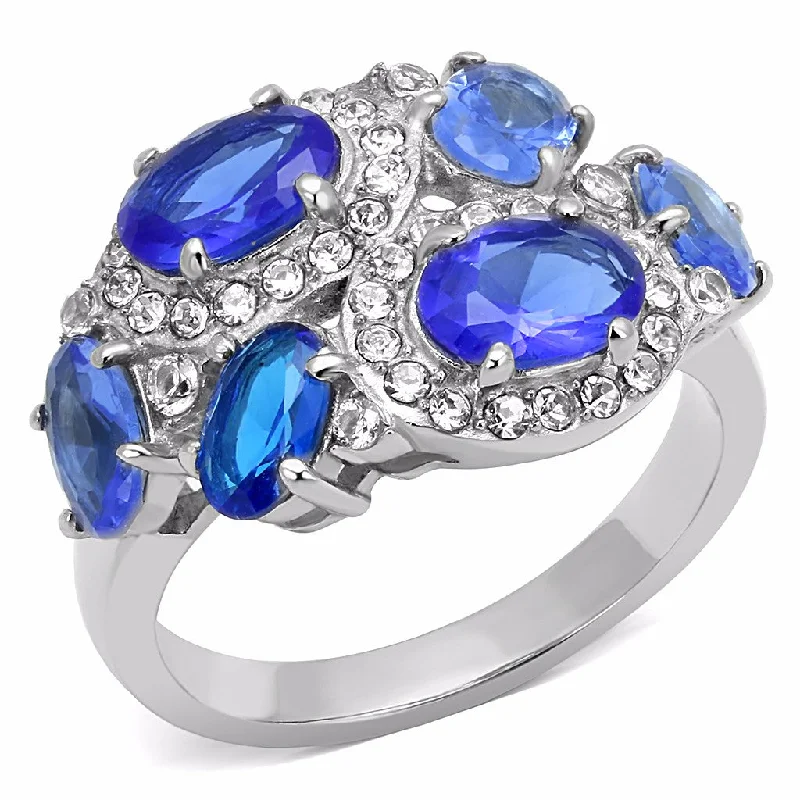 women's rings vintage style -6 Royal Blue Oval CZs Scattered on Stainless Steel Band Ring