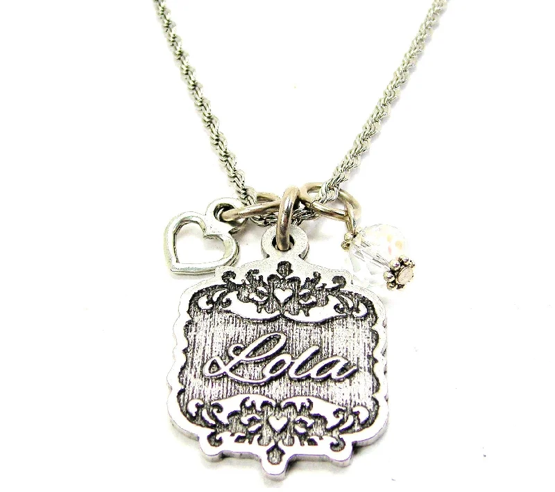 women's necklaces celebrity style -Lola Victorian Scroll With Open Heart And Crystal 20" Stainless Steel Rope Necklace