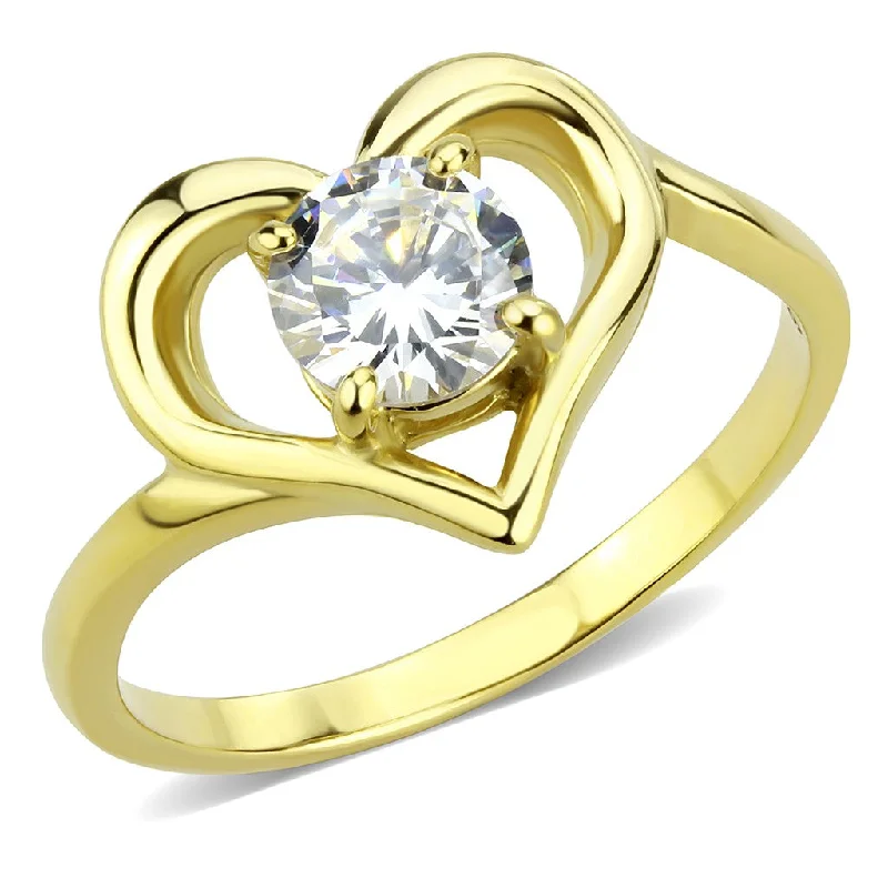 women's rings luxury -6x6mm Clear Round CZ Inside Heart Shape Womens Gold IP Stainless Steel Band