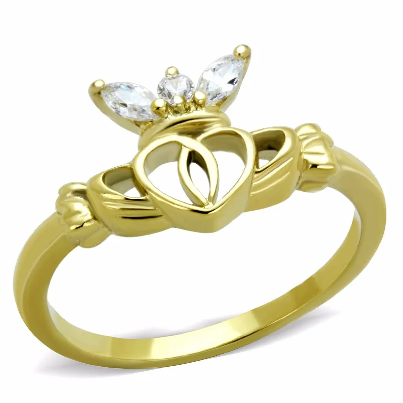 women's rings floral design -Women's Small Round and Marquise CZ Gold IP Stainless Steel Claddagh Ring