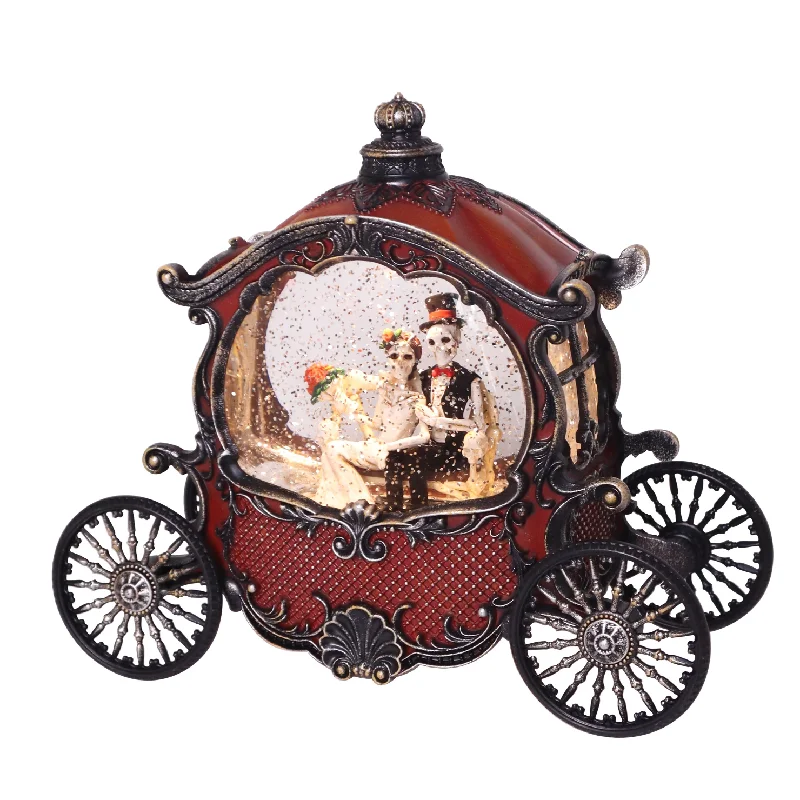 engagement rings for vintage lovers -8.8" Halloween Skeleton Wedding Couple in Carriage Glitter Water Globe