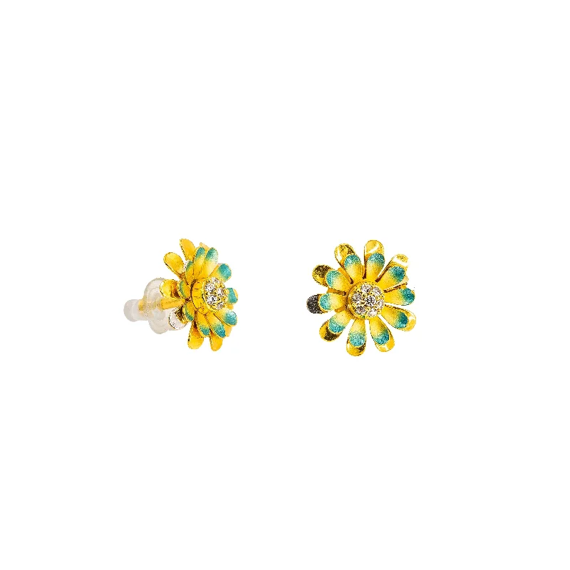 women's earrings with layered look -22K Yellow Gold Earrings W/ Center CZ Stud & Hand Painted Flower