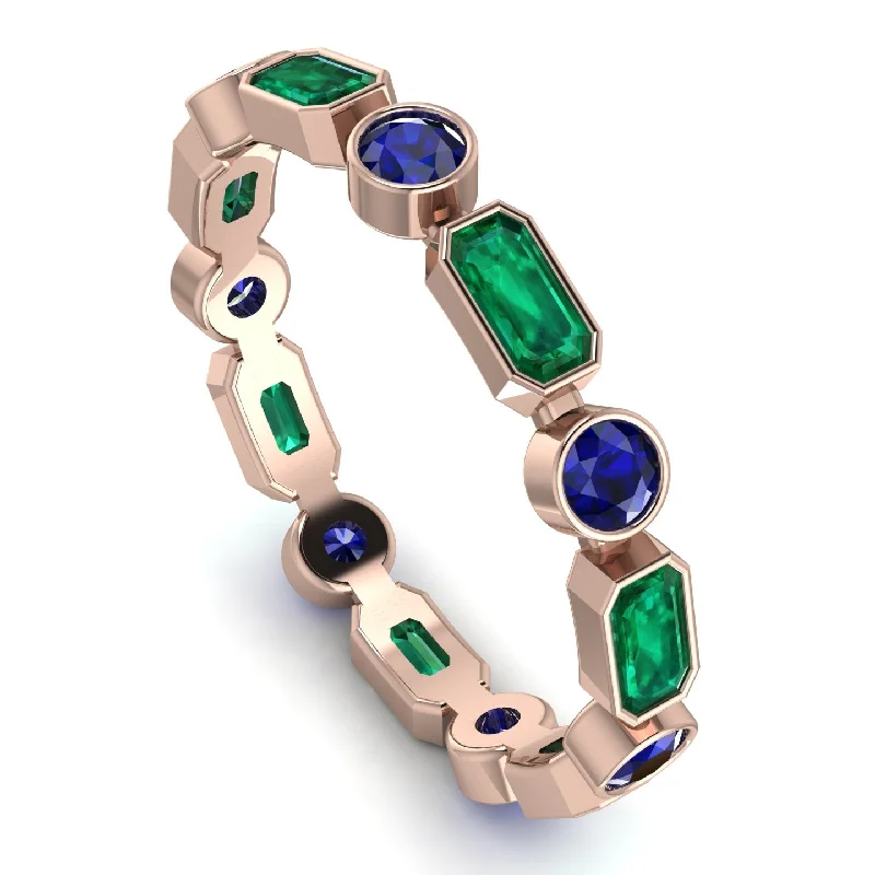 women's rings with diamond border -Emerald Cut Emerald Bezel Eternity Ring - Genevieve No. 65