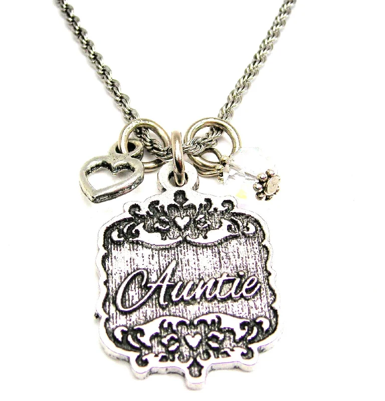 women's necklaces with chain links -Auntie Victorian Scroll With Open Heart And Crystal 20" Stainless Steel Rope Necklace