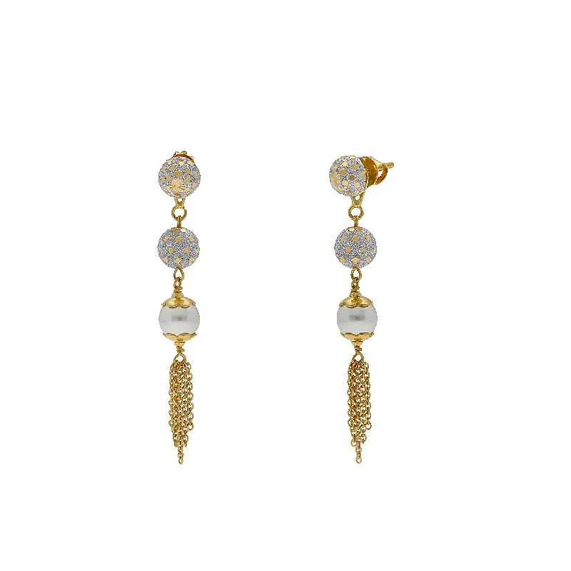 women's earrings with teardrop shape -22K Multi Tone Gold Drop Earrings W/ Pearls, Gold Balls & Tassel Accents