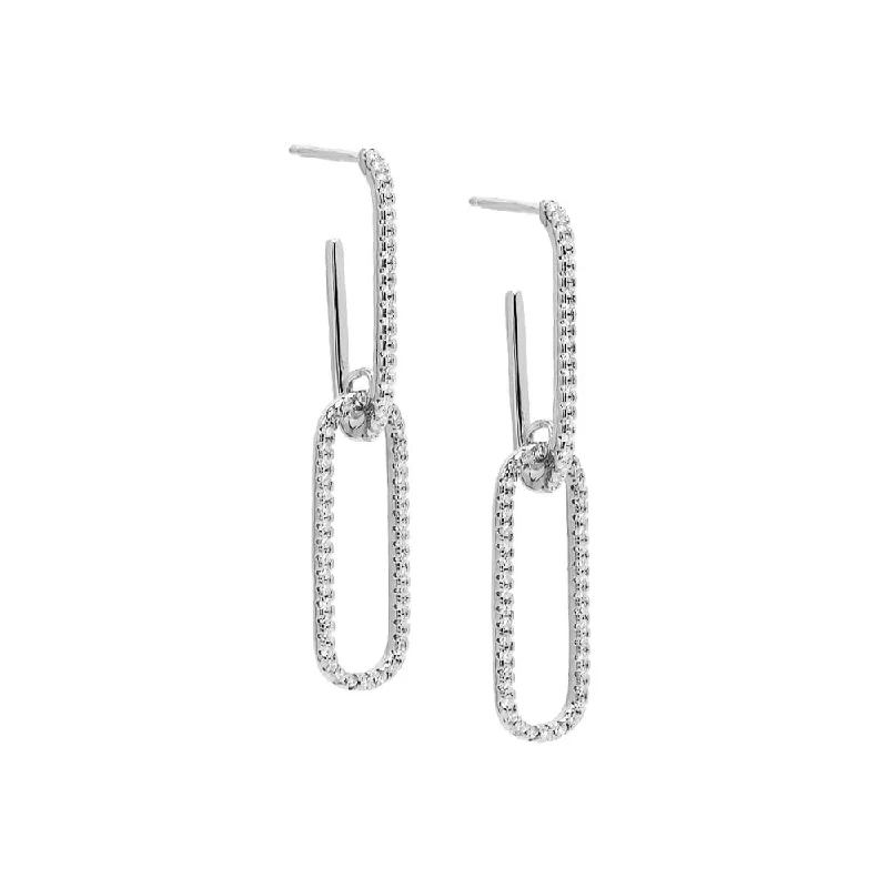 women's earrings diamond -Silver Double Pave Drop Link Stud Earring