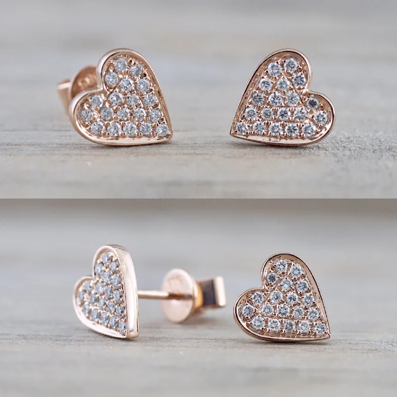 women's earrings with matching necklace -14k Rose Gold Disk Design Heart Diamond Earrings Stud Post Studs Round Micro Pave Flat