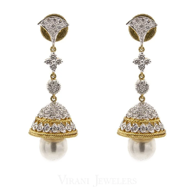 women's earrings with butterfly wings -2.24CT Diamond Jhumki Drop Earrings Set In 18K Yellow Gold W/ Pearl Drops & Screw Back Post Closure