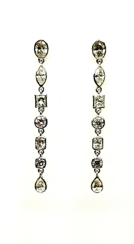 women's earrings with diamond studs -Multi Shapes Diamond Drop Earrings In 14k White Gold (3 Ct. Tw.)