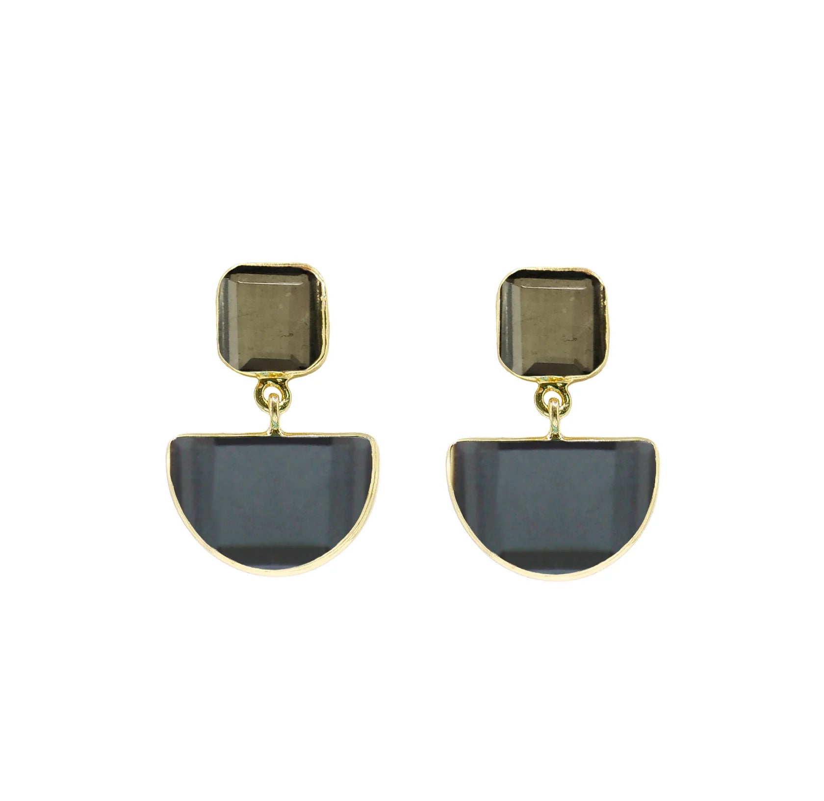 women's earrings with sparkling diamonds -18K YG Plated Square Stone Top & 1/2 Round Moonstone Drop Earrings