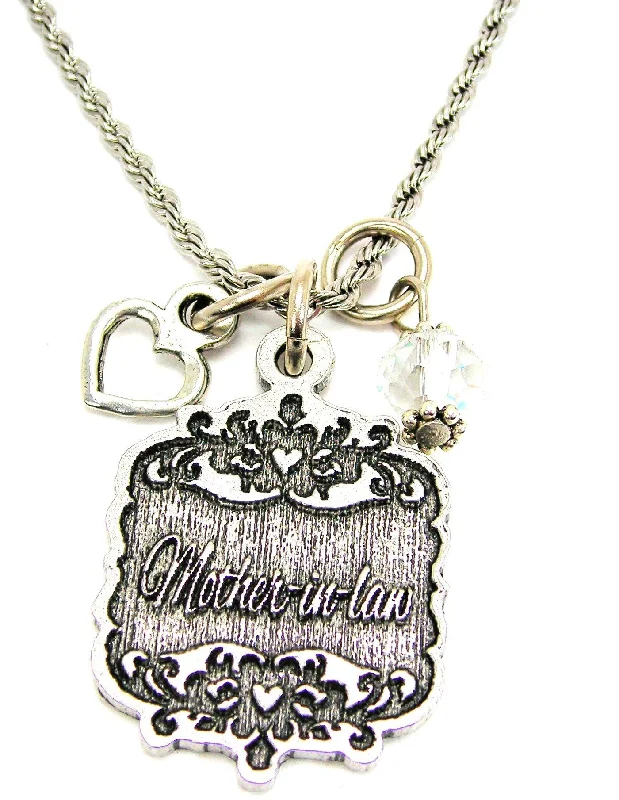 women's necklaces with gold chain -Mother-In-Law Victorian Scroll With Open Heart And Crystal 20" Stainless Steel Rope Necklace