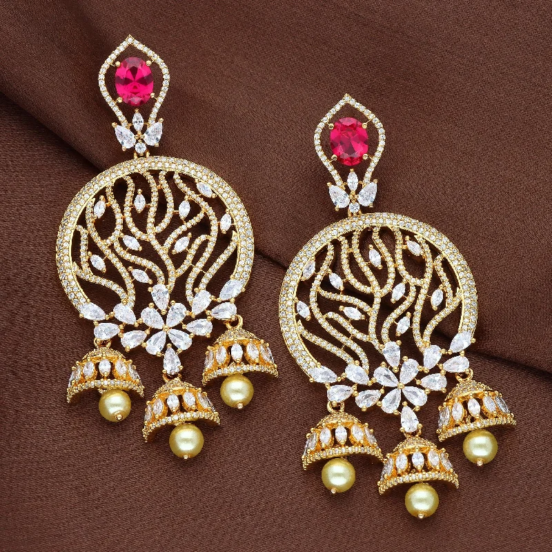 women's earrings with chain design -Designer Floral Zirconia Chandbutta Earrings