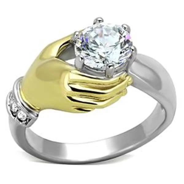 women's rings with sapphire halo -7x7mm Round Cut CZ Two Tone Gold IP Stainless Steel Ring