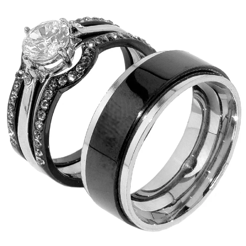 engagement rings for alternative brides -His Hers 4 PCS Black IP Stainless Steel Round Cut CZ Wedding Set Mens Spinning Matching Band