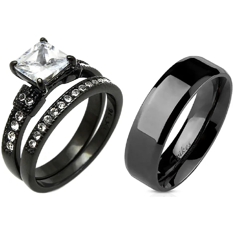 engagement rings with nature-inspired design -3 PCS Couple Princess Cut CZ Black IP Stainless Steel CZ Wedding Set Mens Flat Band