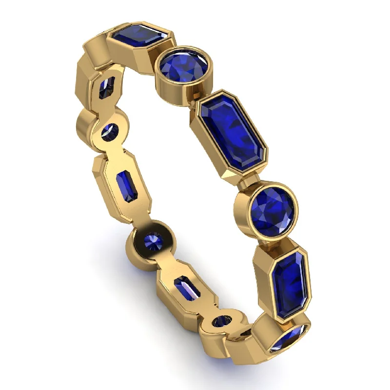 women's rings with intricate patterns -Emerald Cut Blue Sapphire Bezel Eternity Ring - Genevieve No. 73