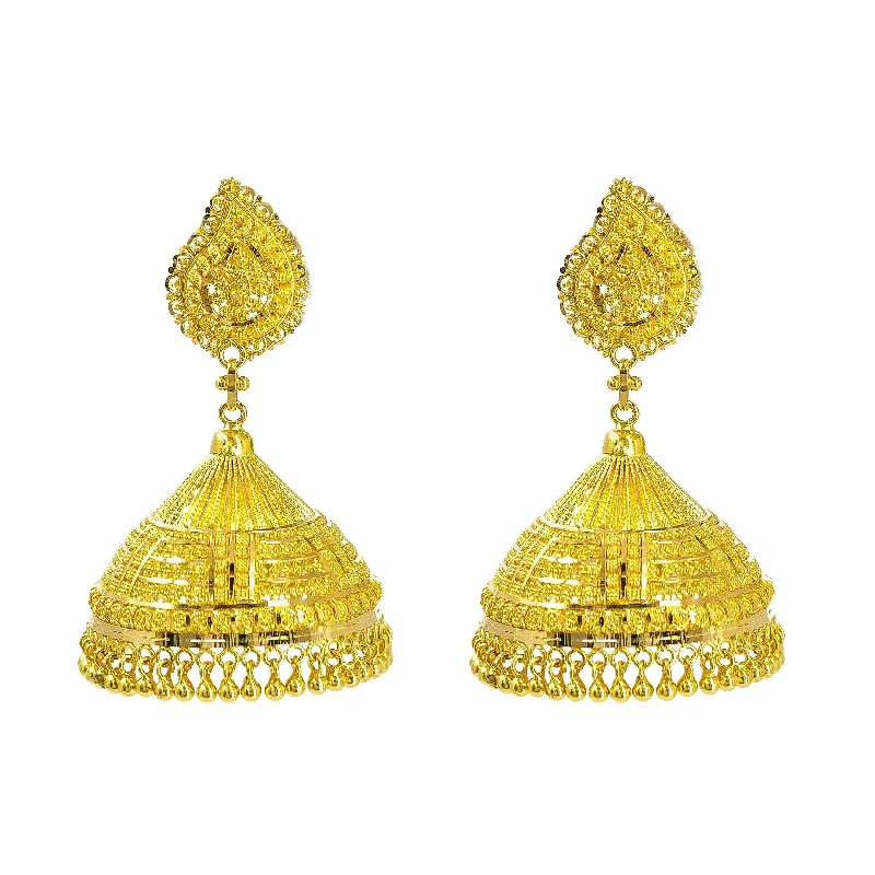 women's earrings with stackable look -22K Yellow Gold Jhumki Earrings W/ Butta & Detailed Engravings on Mango Pendant