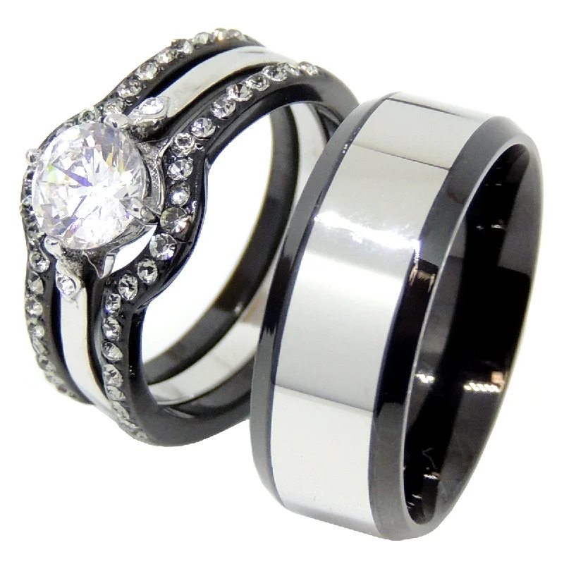 engagement rings with mixed metals -His Hers 4 PCS Black IP Stainless Steel Round Cut CZ Wedding Set Mens Two Tone Band