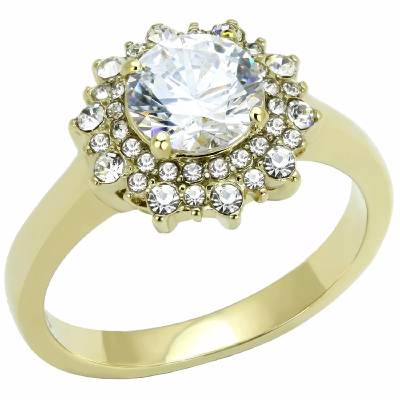 women's rings with alternating diamonds -7x7mm Round CZ Flower Look Gold IP Stainless Steel Women's Ring