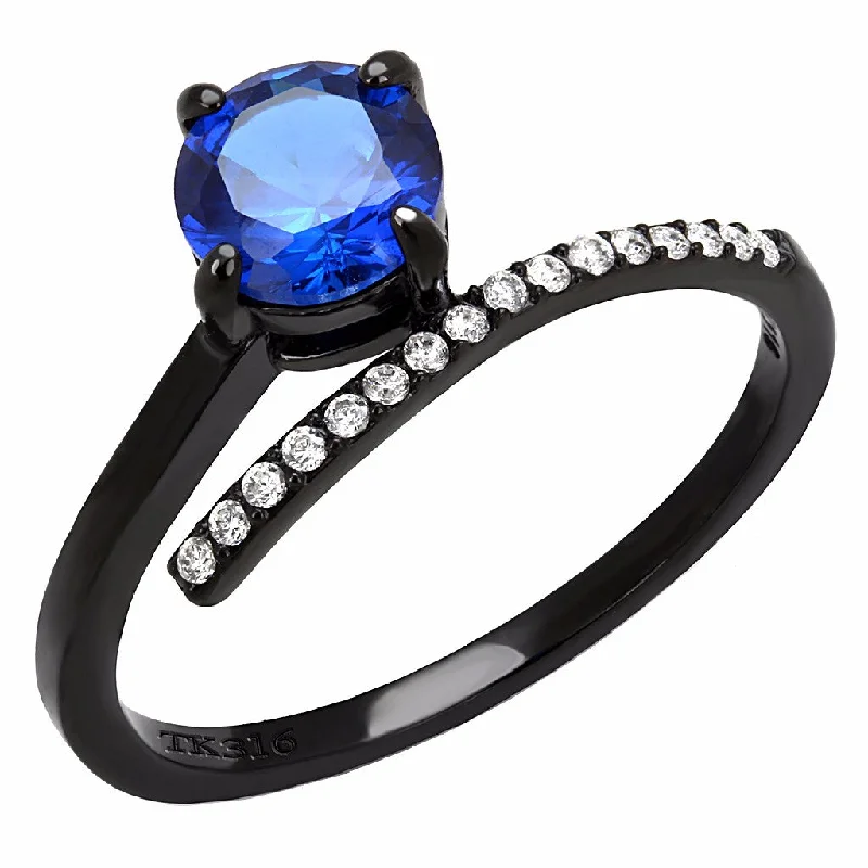 women's rings with diamond eternity -6x6mm Round Sapphire CZ Center Black IP Stainless Steel Delicate Ring