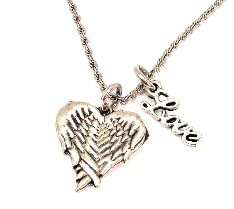 women's necklaces chain -Folded Angel Wings Into A Heart 20" Chain Necklace With Cursive Love Accent