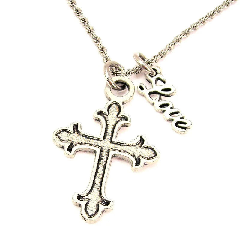 women's necklaces with charm -Fancy Cross 20" Chain Necklace With Cursive Love Accent