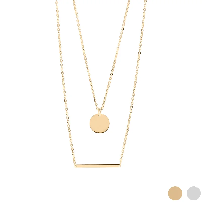 women's necklaces with butterfly charm -18K Gold PVD Stainless Steel Circle and Bar Layered Chain Blank Necklace / CHN0005