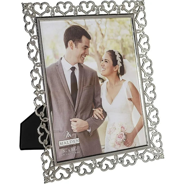 engagement rings with sapphire centerpiece -Enchanted Hearts Pierced Silver Metal with Jewels Wedding Picture Frame Holds 8"x10" Photo