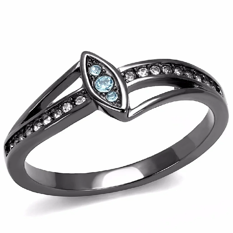 women's rings with crystal accents -Sea Blue Crystal in Marquise Shape Light Black IP Stainless Steel Band