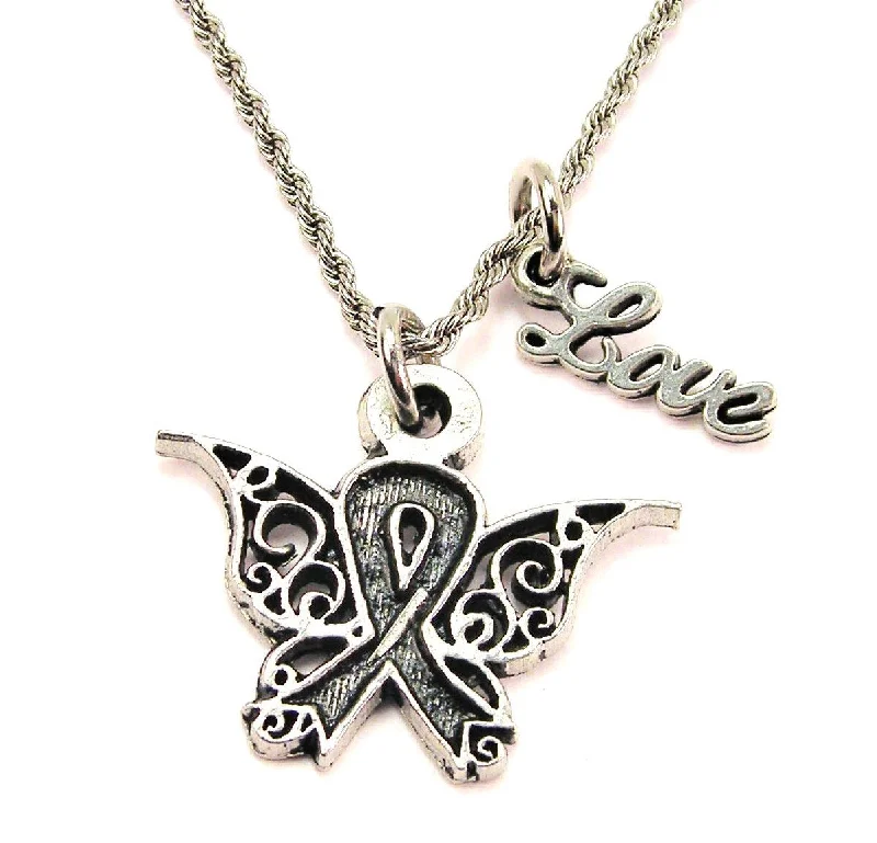 women's necklaces pearl -Filigree Awareness Ribbon Butterfly 20" Chain Necklace With Cursive Love Accent