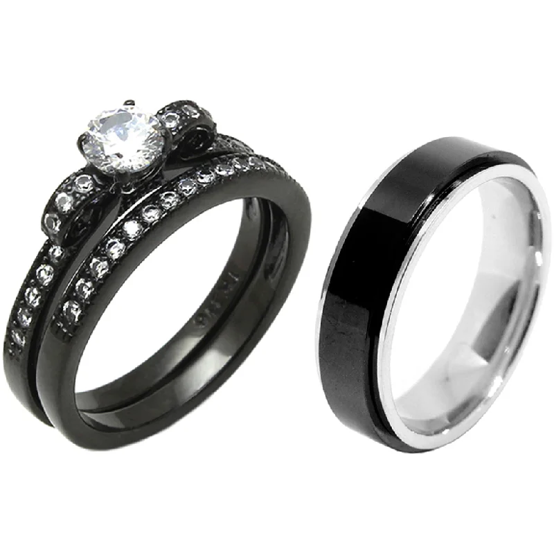 engagement rings with split band -3 PCS Couple 5x5mm Round Cut CZ Black IP Stainless Steel Wedding Set Mens Matching Spinning Band