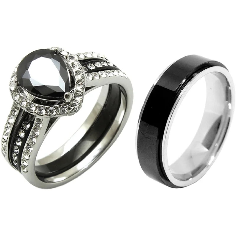 engagement rings for men -3 PCS Couple Pear Cut Black CZ Black IP Stainless Steel Wedding Set Mens Matching Spinning Band