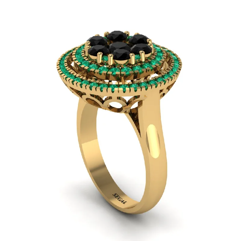 women's rings stacked with matching bands -Vintage Double Halo Black Diamond Cluster Ring - Nanette No. 22