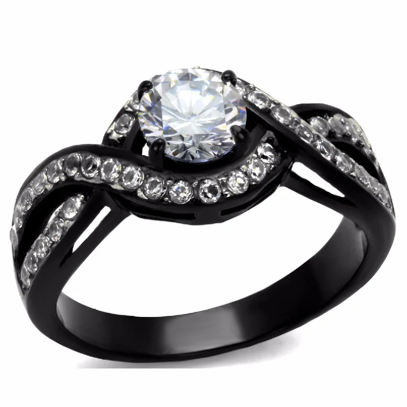 women's rings with engraving -6x6mm Round Cut CZ Two-Tone Black IP Stainless Steel Bridal Ring