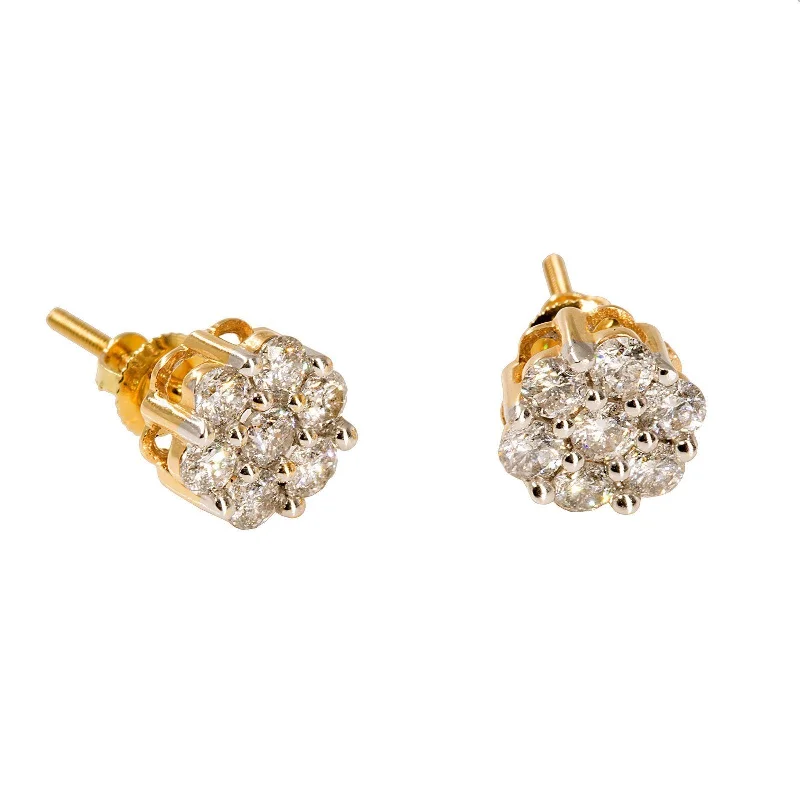 women's earrings with vintage style -14K Yellow Gold Diamond Stud Earrings W/ 1.0ct SI Diamonds & Cluster Flower