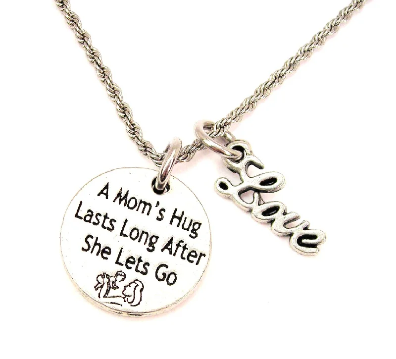 women's necklaces with oval pendant -A Mom's Hug Lasts Long After She Lets Go 20" Chain Necklace With Cursive Love Accent