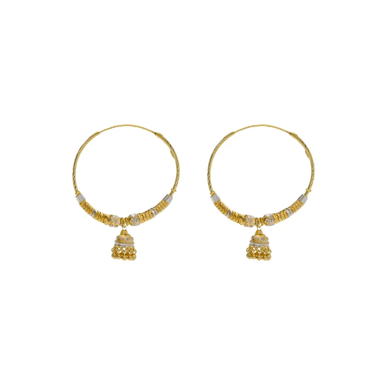 women's earrings with sapphire -22K Multi Tone Gold Hoop Earrings W/ Shambala Beads, Gold Caps & Jhumki Drops