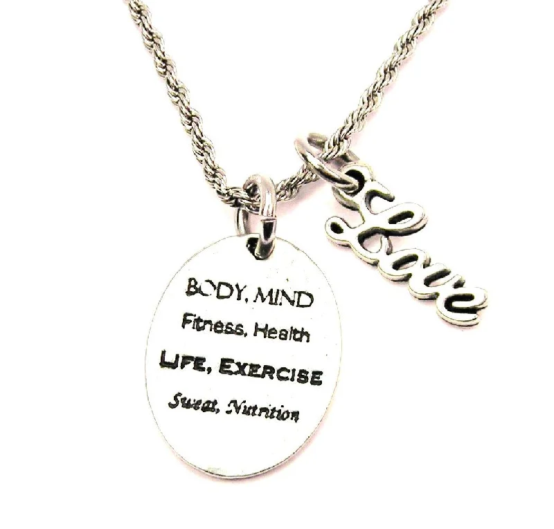 women's necklaces celestial design -Body Mind Fitness Health Life Exercise Sweat Nutrition 20" Chain Necklace With Cursive Love Accent